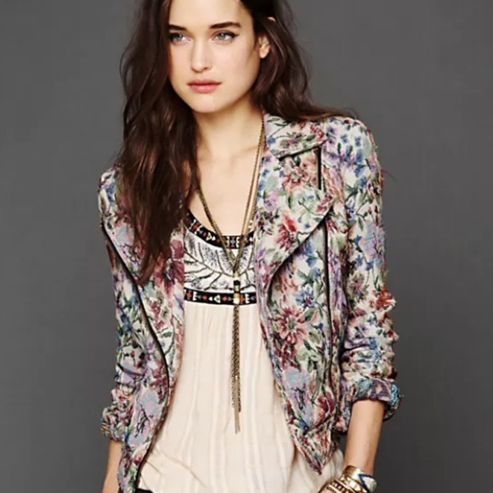 Free People Tapestry Boho Distressed Cropped Jacket